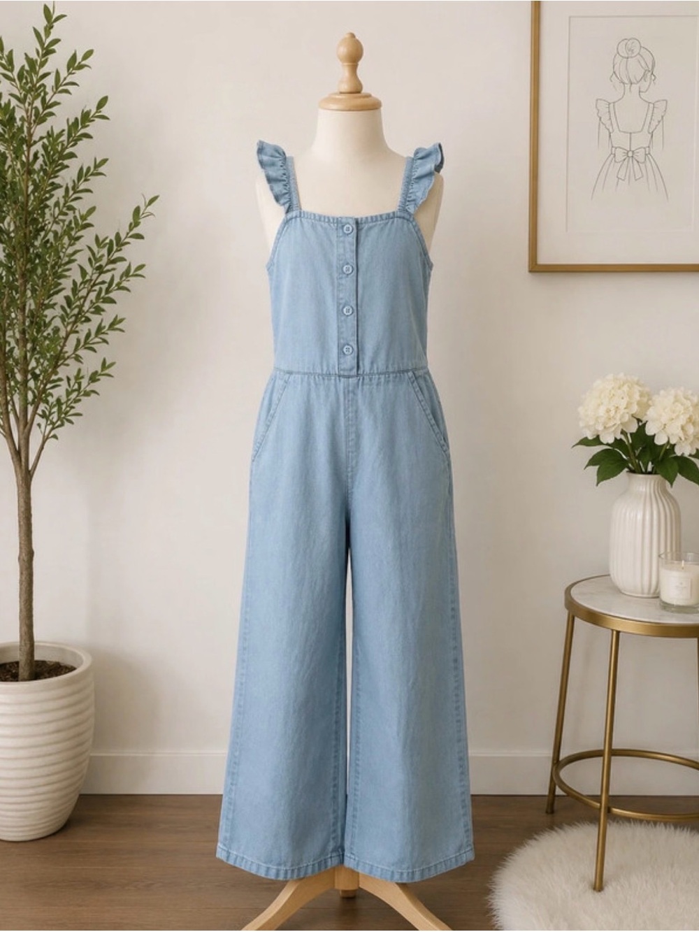 Kids Light Blue Ruffle-Strap Wide Leg Jumpsuit